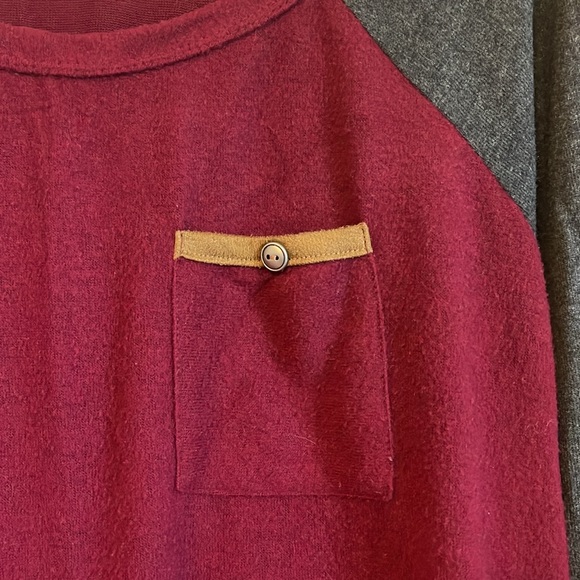 Pink Clover wine and gray sweater with brown packets on elbows - Picture 2 of 3